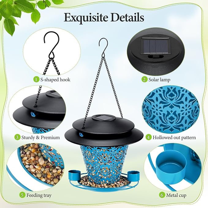 Solar Bird Feeders for Outside Hanging Metal Wild Bird Feeder Solar Lanterns Outdoor Waterproof Garden Decor for Yard Blue-VerdiqueGarden