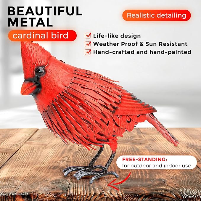 Shefio Cardinal Garden Decor - Metal Cardinal Yard Decor - Large Red Bird, Unique Yard Art - Outdoor Statues - Garden Sculptures & Statues-VerdiqueGarden