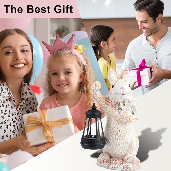 ILLUMINEW Solar Garden Statues Rabbit Lights, Outdoor Lighted Bunny Garden Decor Waterproof Figurines for Patio Porch Balcony Yard Lawn Lantern, Unique Easter Gifts for Mom Grandma Mother-VerdiqueGarden