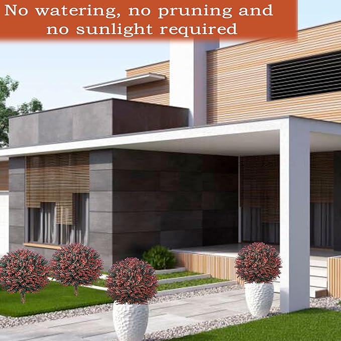 Fall Artificial Boxwood Topiary Ball Tree Bushes with Ground Spike, Set of 2 Outdoor Faux Shrub Topiary Ball, 24" UV Resistant Fake Boxwood Plants for Potted Planter,Indoor,Autumn-VerdiqueGarden