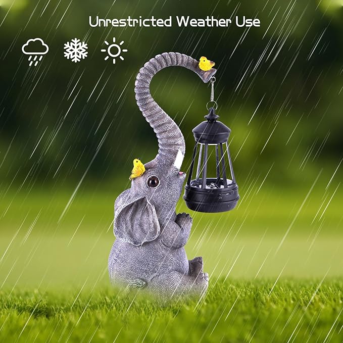 Solar Outdoor Garden Statues Lights, Mom Gifts Birthday Gifts for Women, Lucky Elephant Unique Housewarming Gifts and Yard Decoration, Elephant Figurines with Cute Birds Garden Sculpture Decor-VerdiqueGarden
