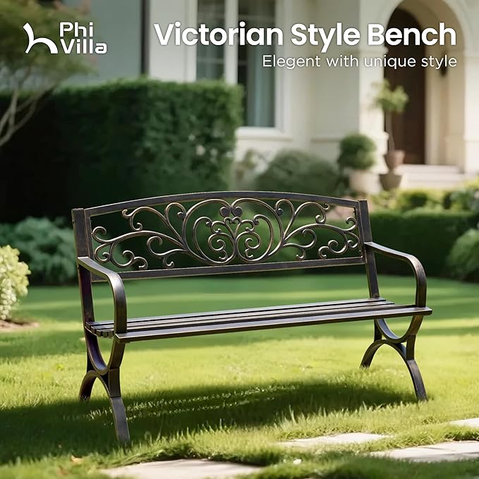 PHI VILLA 50Inch Cast Iron Steel Frame Garden Bench Patio Furniture Chair Outdoor Bench w/Floral Design Backrest, Slatted Seat for Park, Yard & Porch, Bronze-VerdiqueGarden