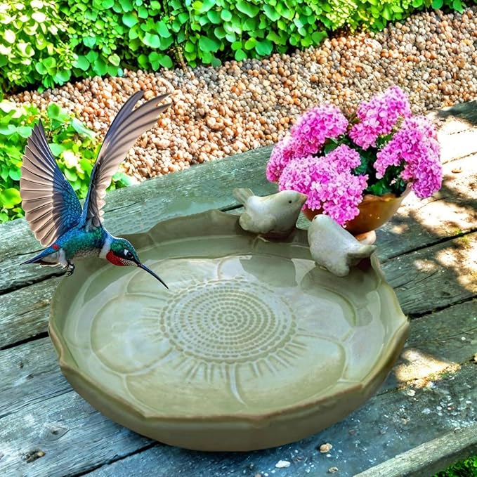 Bird Bath for Outside on Ground, 10 in Ceramic Birds Bath Bowl, Handmade Ground Bird Feeders and birdbath for Outdoors for Outdoors, Garden, Tabletop, Balcony and Lawn (Big - shallow)-VerdiqueGarden