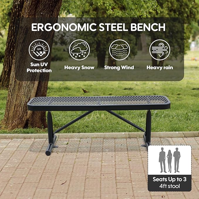 72" L Steel Flat Bench Garden Bench, Black Outdoor Park Bench Weather-Resistant Steel Metal, Patio Seating for Front Porch Backyard Park Outside, Metal Benches for Outside to dodrill to Ground-VerdiqueGarden