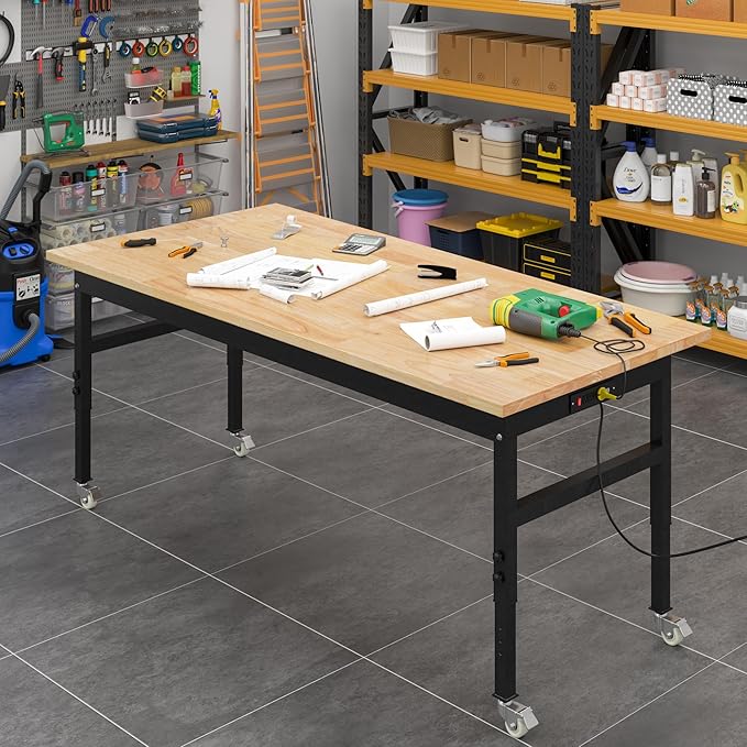 60" Adjustable Work Bench, Rubber Wood Top Workbench Heavy-Duty Work Table with Power Outlet with Wheels, 2000 LBS Load Capacity Hardwood Work Benches for Garage, Workshop, Home, Office, Easy Assembly-VerdiqueGarden
