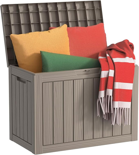 DRATO 45 Gallon Deck Box, Outdoor Storage Box for Patio Furniture, Patio Cushions, Gardening Tools, Pool Supplies 480lbs Weight Capacity,Waterproof Resin Storage Boxes (Light Brown, 45Gal)-VerdiqueGarden