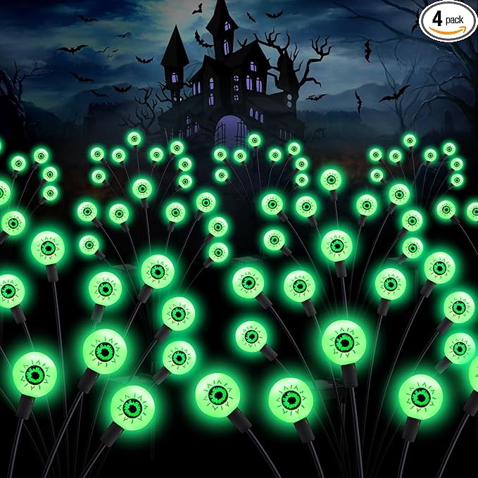 ASMAD Halloween Decorations Outdoor Solar Scary Eyeball Lights, 4Pack 32LEDs Green Eyeball Swaying Firefly Light, Waterproof Halloween Path Lights for Garden/Yard/Patio/Party Decor-VerdiqueGarden