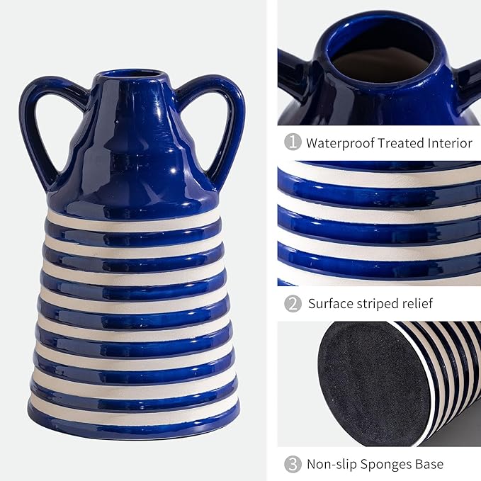 Ceramic Blue and White Checkered Stripes Vase with Handles, Modern Bohemian Floral Navy Blue Vases for Centerpieces, Cottage Core Home Decor, Flower Vases for Bouquet Tabletop Kitchen Bookshelf 8.9 In-VerdiqueGarden