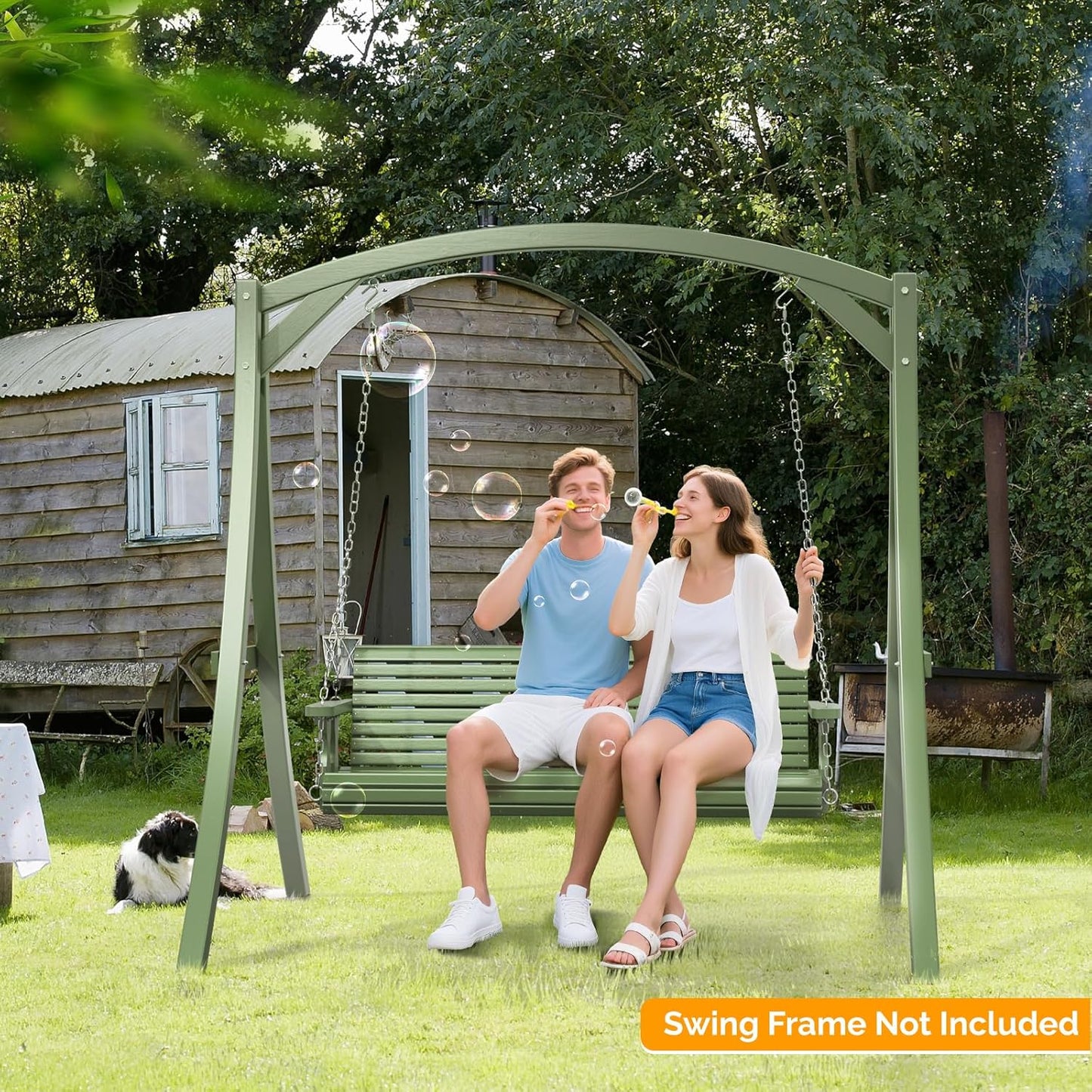 VINGLI Upgraded Patio Wooden Porch Swing for Courtyard & Garden, Heavy Duty 880 LBS Swing Chair Bench with Hanging Chains for Outdoors (Green, 5 FT)-VerdiqueGarden