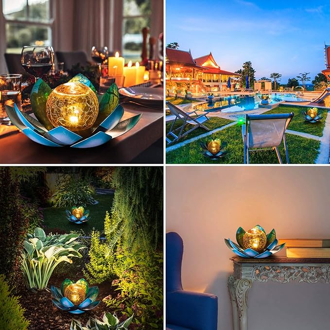 Huaxu Solar Light Outdoor Garden Decor Blue Metal Crackle Globe Glass Waterproof LED Lotus Flower Table Lamp Decorations for Patio Yard Porch Pathway Ground-VerdiqueGarden