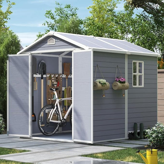 Aoxun 6X8 FT Resin Outdoor Storage Shed with Floor, Plastic Garden Shed with Lockable Door and Window, Tools House to Store Patio Furniture, Bike Accessories, Garbage Can and Lawn Mower - Grey-VerdiqueGarden