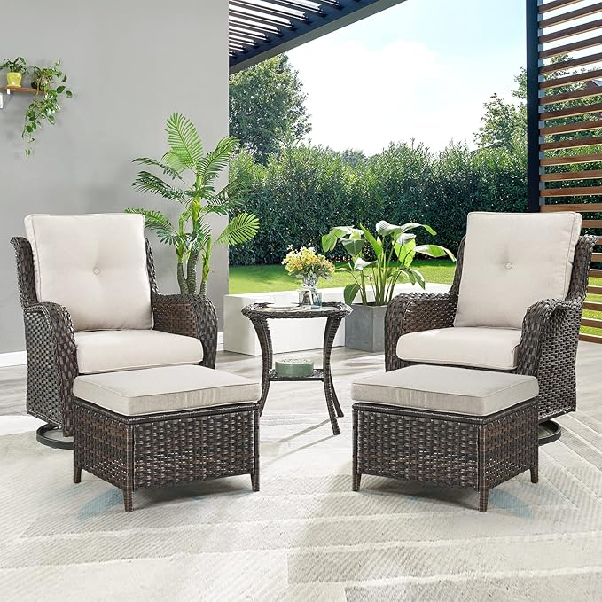 Outdoor Wicker Patio Furniture Set - 5 Pieces Rattan Patio Conversation Set with 2 Rocking Swivel Chairs,2 Ottomans and 1 Side Table for Porch Deck Backyard Garden(Brown/Beige)-VerdiqueGarden