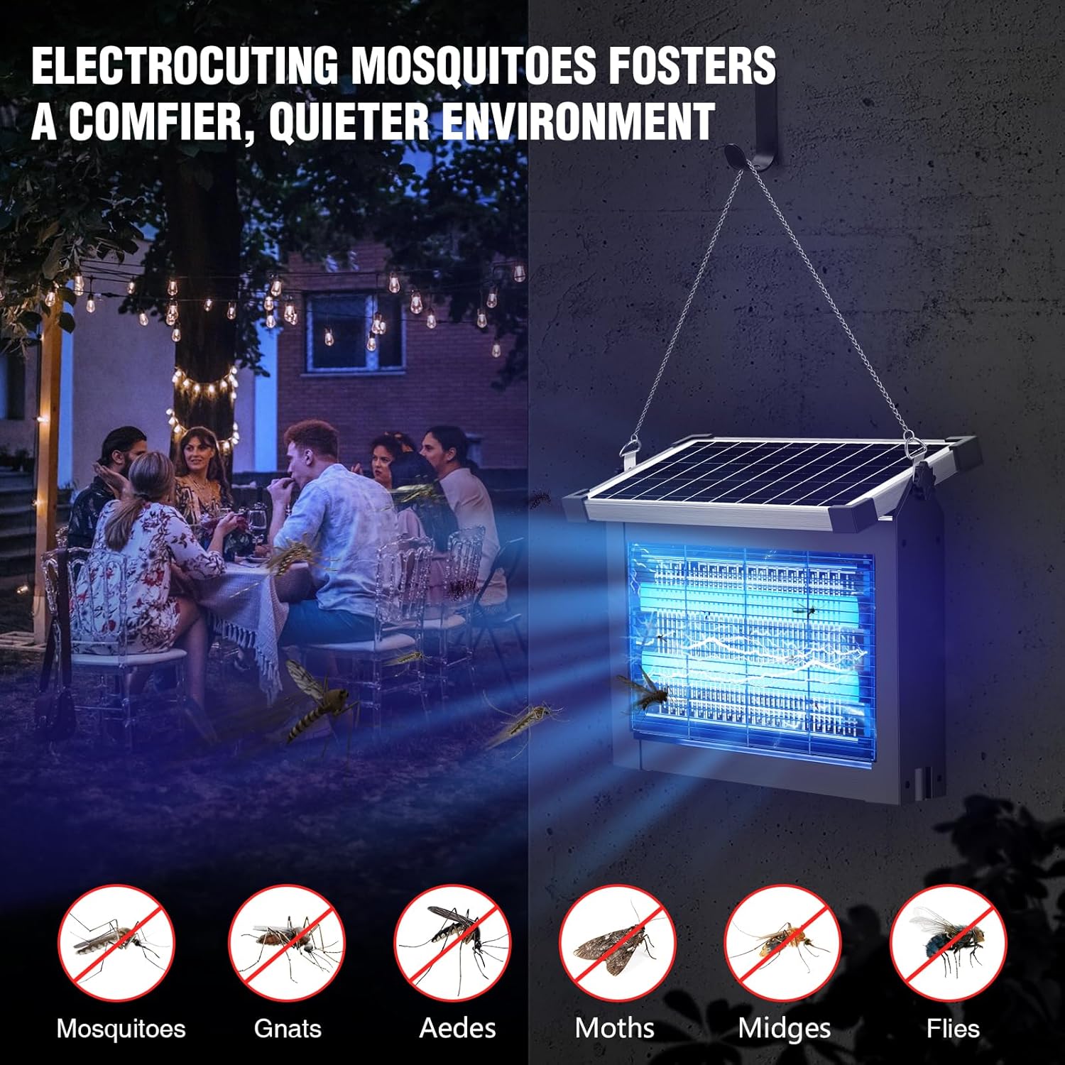 Solar Bug Zapper Outdoor, 4500V Mosquito Zapper Waterproof with Panel Sensor Electric Fly Zapper Rechargeable Mosquito Killer with 10FT Extension Cord, Fly Trap Ideal for Patio, Backyard, Camping-VerdiqueGarden