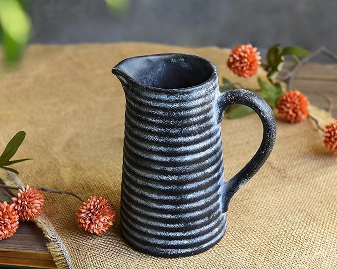 Quoowiit Ceramic Rustic Vase with Handle, Black Distressed Decorative Farmhouse Pitcher Vase for Home Decor Living Room Bedroom Kitchen Office Shelf Decor Centerpiece Table Decoration-VerdiqueGarden