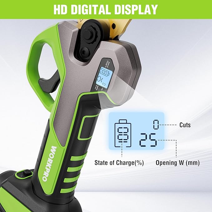 WORKPRO 12V Electric Pruning Shears, Battery Powered Pruning Shears, Cordless Tree Pruner, 1.2 Inch Cutting Diameter, Branch Cutter Gardening Scissors with 2 Pack Rechargeable Battery and Fast Charger-VerdiqueGarden