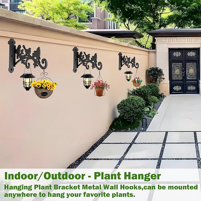 4 Pack Wall Plant Hanger,9 in Heavy Duty Hanging Plant Bracket,Metal Plant Hooks for Outdoor or Indo or Hanging Flower Baskets,Solar Lanterns,Bird Feeder-VerdiqueGarden