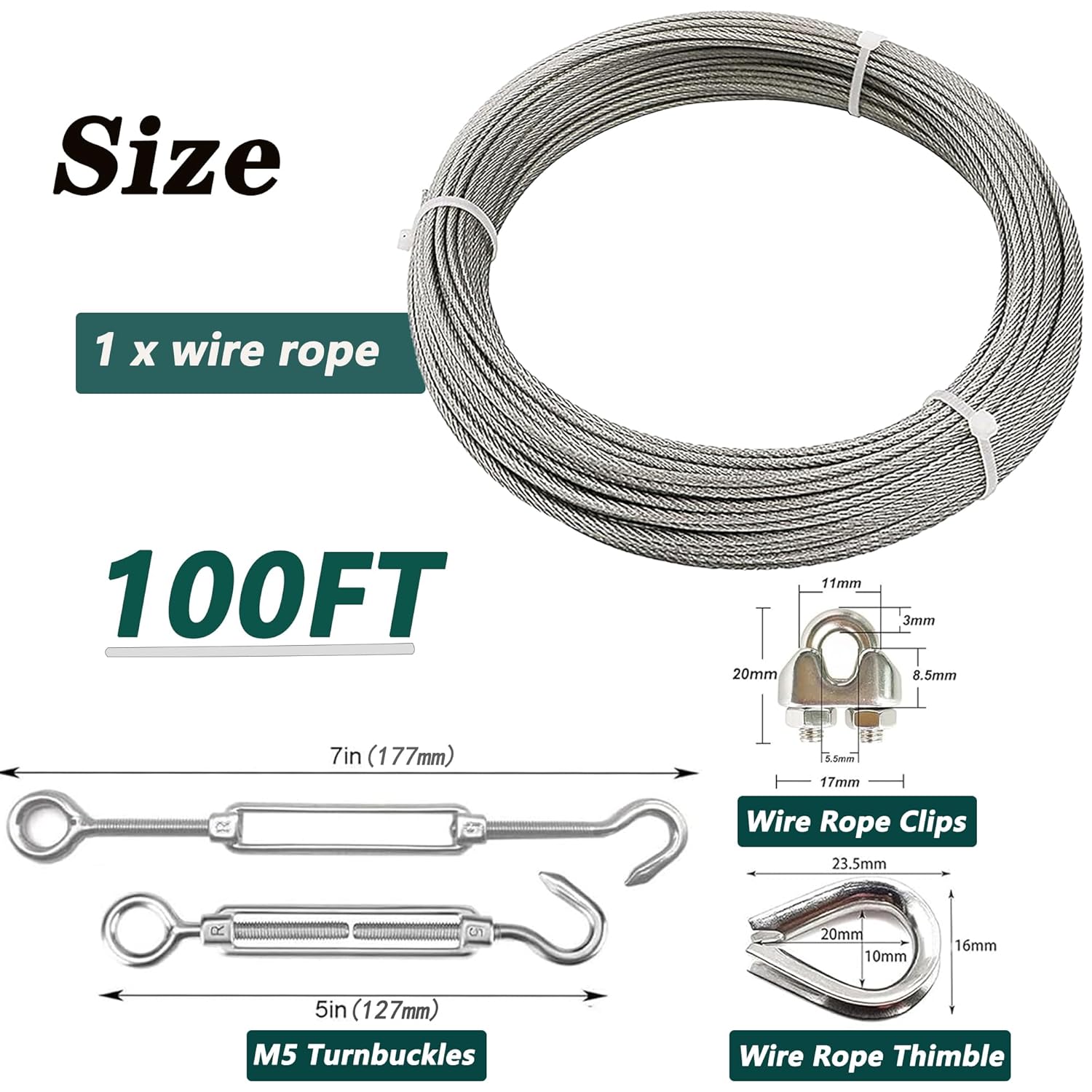 1/8 Inch Stainless Steel Wire Rope Cable Kit,100 ft Length 1/8“ Wire Cable 7x7 Strands with Sleeves, Thimbles, Clips, for Climbing Plants, Deck Railing, Fencing, Outdoor Hanging-VerdiqueGarden