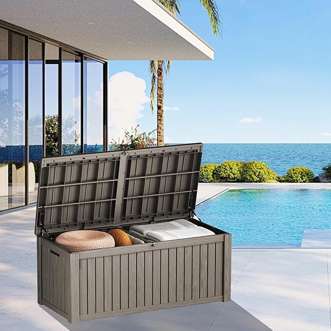 180 Gallon Outdoor Storage Deck Box - Large Waterproof Resin Bin for Delivery Boxes Outside, Lockable Storage for Patio/Pool Cushions & Tools, UV-Resistant, Granite Grey-VerdiqueGarden
