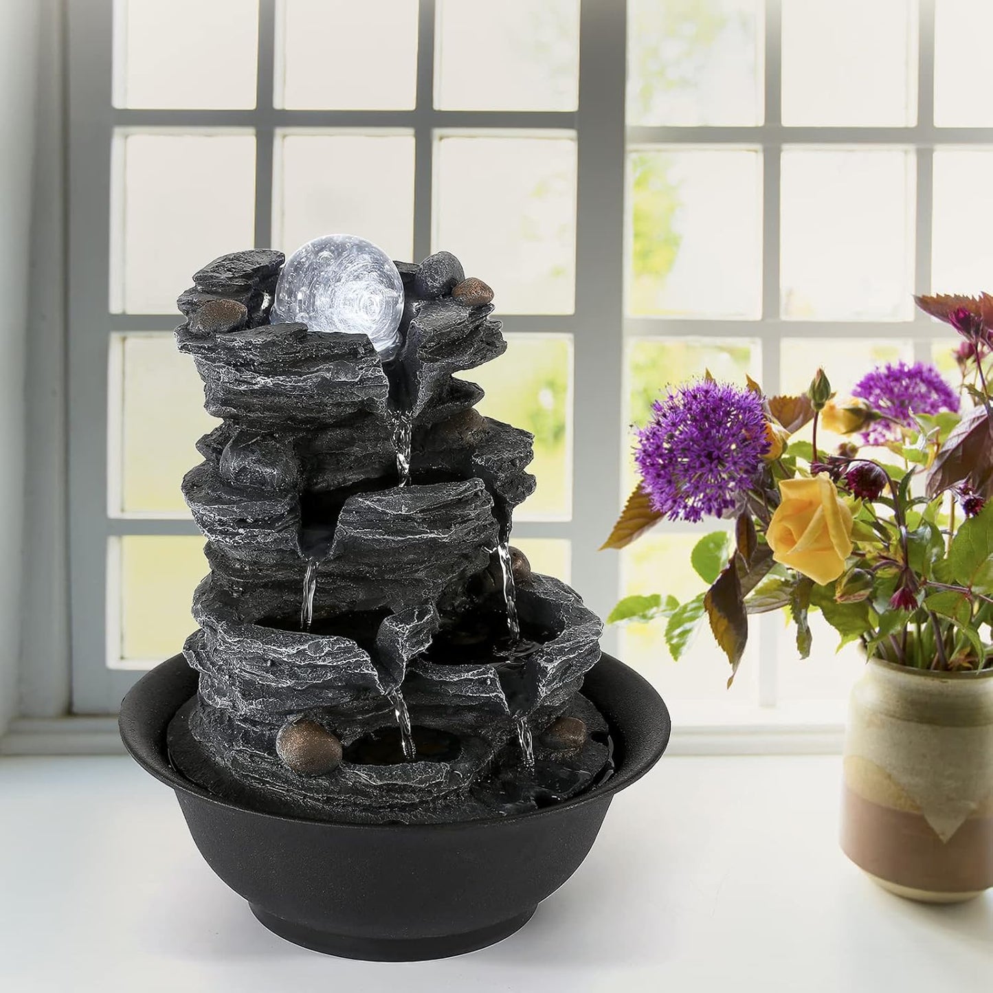 Dyna-Living Tabletop Water Fountain Indoor Waterfalls Fountains with White LED Light Decorative Feng Shui Tabletop Fountain with Automatic Pump-VerdiqueGarden