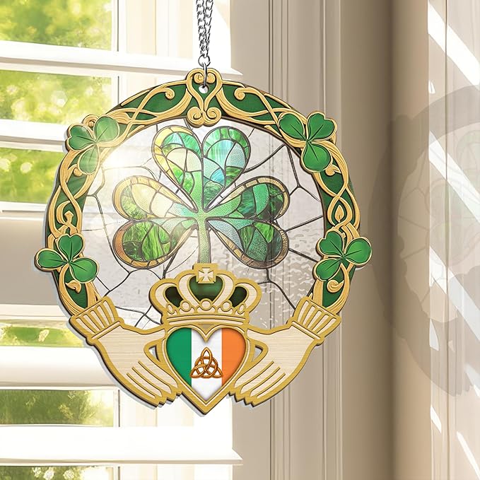 St Patricks Day Decorations - St Patricks Day Accessories, Shamrock Decorations, Irish Gifts for Women Men Friends Family, Shamrock Decorations - Double Layered Hanging Suncatcher 8 in-VerdiqueGarden