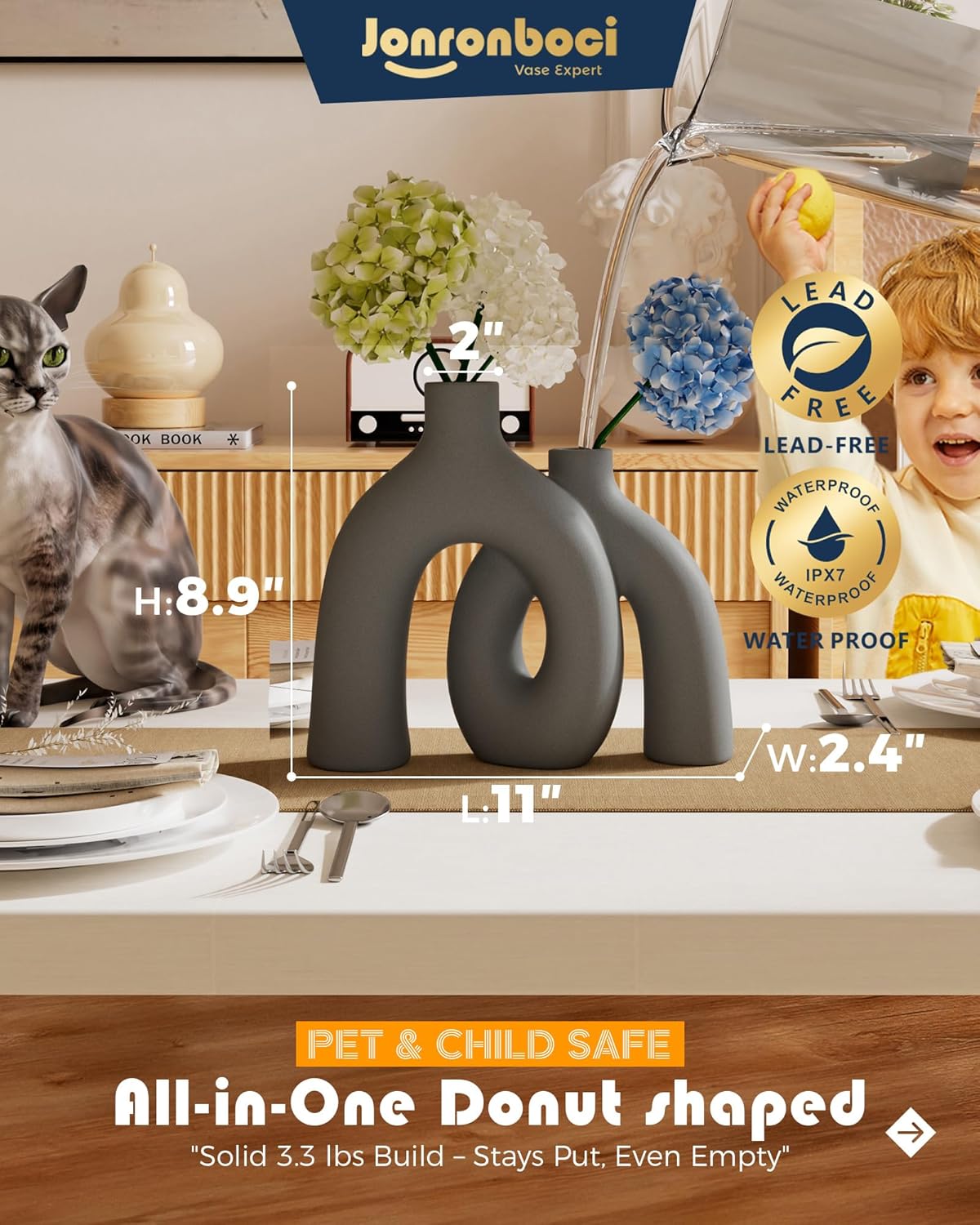 Hug Donut Decorative Vase Set - Dark Gray Modern Minimalism Industrial Style Vases Home Decor, Matte Ceramic Decorations for Living Room Shelf, Bookshelf Mantle Entryway Table or Console Décor(Gray)-VerdiqueGarden