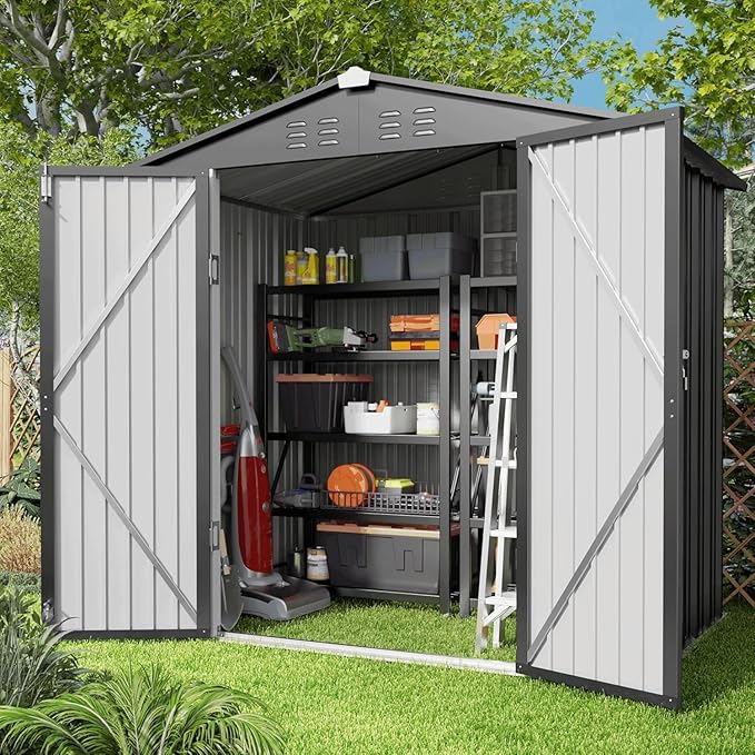 Gizoon Outdoor Storage Shed 6 x 4 FT, Galvanized Metal Garden Shed with Double Lockable Doors, Outdoor Storage Clearance for Backyard Patio Lawn-Dark Grey-VerdiqueGarden