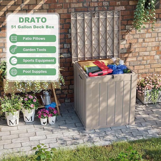 DRATO 50 Gallon Deck Box, Outdoor Storage Box for Patio Cushion, Sports Equipment, Garden Tools, Waterproof Patio Storage box, Lockable (Light Brown)-VerdiqueGarden