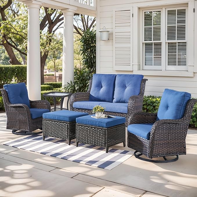 Outdoor Wicker Patio Furniture Set - 6 Piece Rattan Patio Conversation Set with 2 Rocking Swivel Chairs,2 Ottomans,1 Loveseat and 1 Side Table for Porch Deck Backyard Garden(Brown/Blue)-VerdiqueGarden