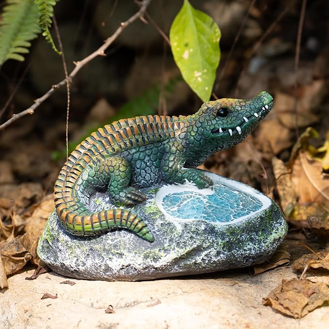 Garden Statue Crocodile,Solar Crocodile Decor for Outdoor,Resin Crocodiles Figurine with Solar Light for Patio,Balcony,Yard,Lawn Ornament,Perfect Garden Gift-VerdiqueGarden