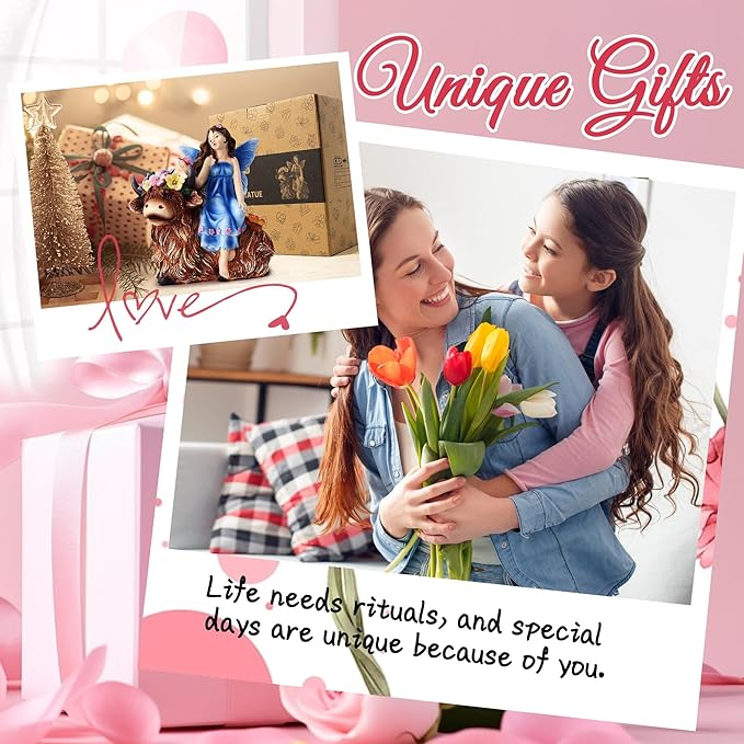 Solar Angel Garden Statue - Garden Fairy Sitting on a Highland Cow with Flowers, Butterflies and 5 LED Lights - Decorate Table, Terrace, Lawn, Birthdays, Grandma, mom-VerdiqueGarden