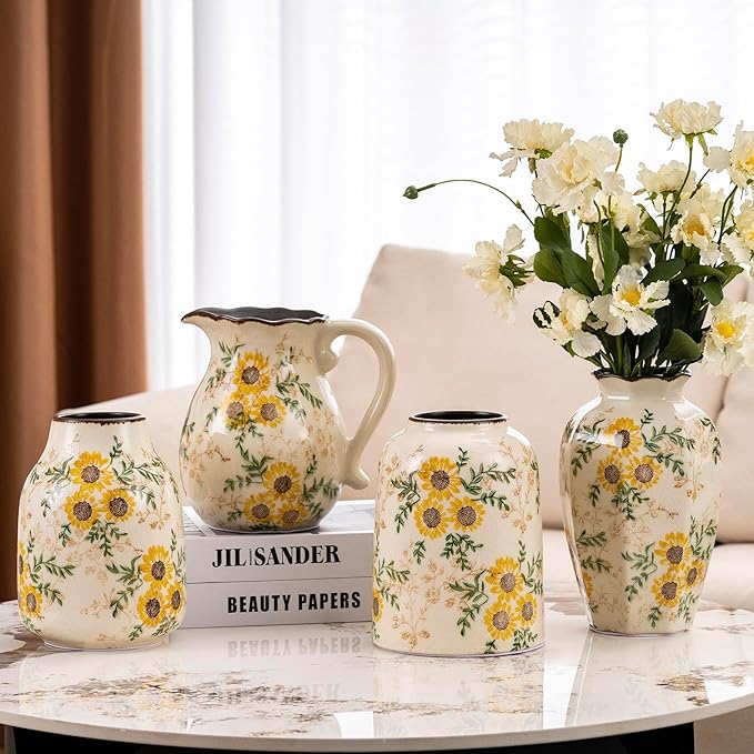 Sunflower Vintage Ceramic Yellow Floral Vase, Beige and Green Chinoiserie Home Decor for Fireplace Mantle, Table Centerpieces, Kitchen Counter, Tuscan, Cute Flower Vase for Living Room Office 7.8 Inch-VerdiqueGarden