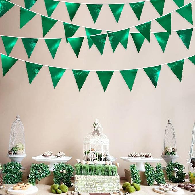 Green Party Decorations Triangle Pennant Banner Flag Dark Green Metallic Fabric Bunting Garland for Graduation Wedding Bridal Shower Birthday Baby Shower Holiday Retirement Game Party Supplies-VerdiqueGarden