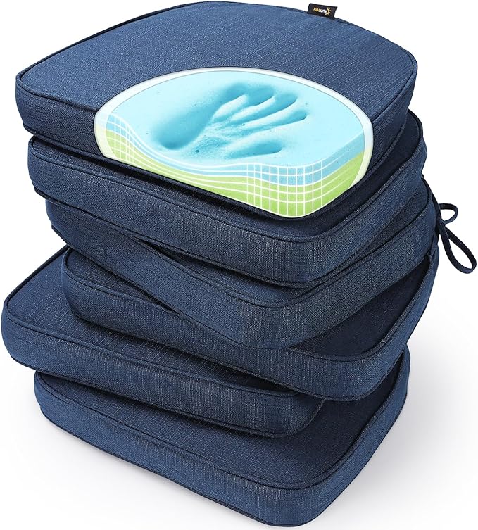 SUNROX Gel Memory Foam Chair Cushions, FadeShield Water-, Stain-Resistant Durable Reversible Seat Cushion Pads with Ties for Indoor/Outdoor Kitchen Dining Office 17"x16" Set of 6, Navy-VerdiqueGarden