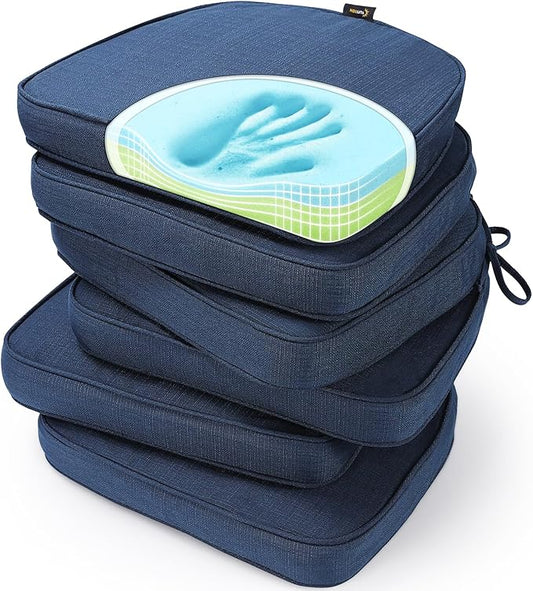 SUNROX Gel Memory Foam Chair Cushions, FadeShield Water-, Stain-Resistant Durable Reversible Seat Cushion Pads with Ties for Indoor/Outdoor Kitchen Dining Office 17"x16" Set of 6, Navy-VerdiqueGarden