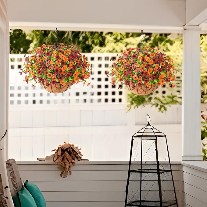 Artificial Fake Hanging Plants Flowers Basket, Faux Silk Daisy in Planter Realistic UV Resistant for Outside Home Patio Balcony Yard Spring Outdoor Decoration (Orange Brown)-VerdiqueGarden