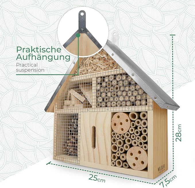 Insect Hotel - Pollinator House and Bug Condo for a Snug Home Outdoors - Garden Habitat for Bees, Ladybugs, and Butterflies - Natural Wood and Metal Construction - 10 x 3X 11 inches-VerdiqueGarden