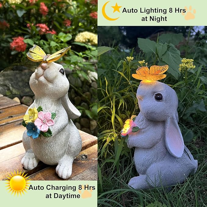 YODY Solar Garden Statues Outdoor Decor- Yard Decorations for Patio, Balcony, Backyard, Lawn Ornaments - Rabbit Figurines with LED Light- Unique Birthday House Warming Gifts for Women, Mom, Grandma-VerdiqueGarden