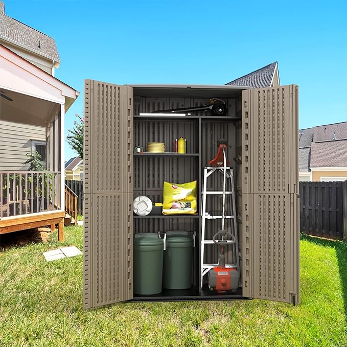 HOMSPARK Storage Shed Weather Resistance, Multi-Purpose Outdoor Storage Cabinet for Backyards and Patios, Horizontal Storage Shed for Lawnmower, Patio Accessories (Coffee, Tall - 53 cu.ft)-VerdiqueGarden
