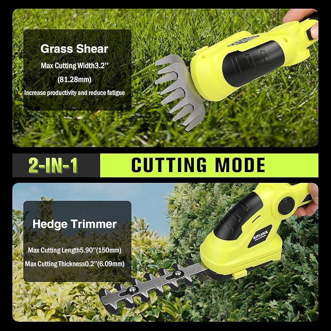 KITLUCK 8V Cordless 2-in-1 Grass Shear & Hedge Trimmer,Handheld Electric Grass Trimmer Hedge Shears/Grass Cutter Rechargeable,2000mAh Battery for Yard, Garden, Lawn Care-VerdiqueGarden