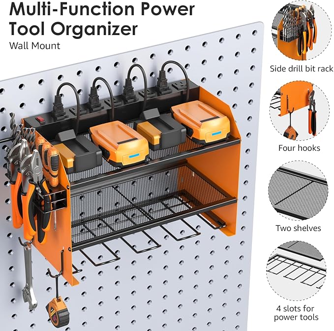 CCCEI Set Power Tool Organizer Wall Mount with Charging Station. Garage 4 Drill Storage Shelf with Hooks, Heavy Duty Metal Tool Battery Charger Organizer. Shop Utility Rack with Power Strip Orange.-VerdiqueGarden