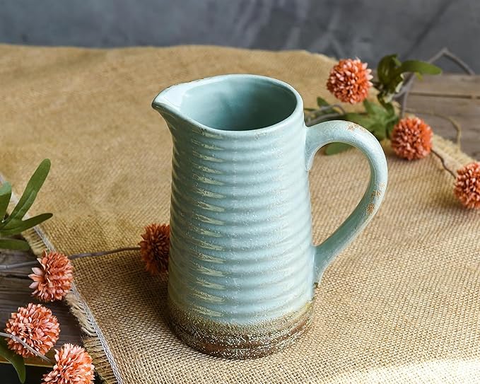 Quoowiit Ceramic Rustic Vase with Handle, Green Distressed Decorative Farmhouse Pitcher Vase for Home Decor Living Room Bedroom Kitchen Office Shelf Decor Centerpiece Table Decoration-VerdiqueGarden