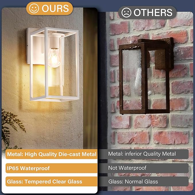 Pia Ricco Outdoor Wall Lights, Outdoor Wall Lantern with Circular Clear Glass Shade, Waterproof Exterior Lighting Fixtures, Modern Front Porch Lighting for House, Garage, E26 Base, ETL Listed, White-VerdiqueGarden