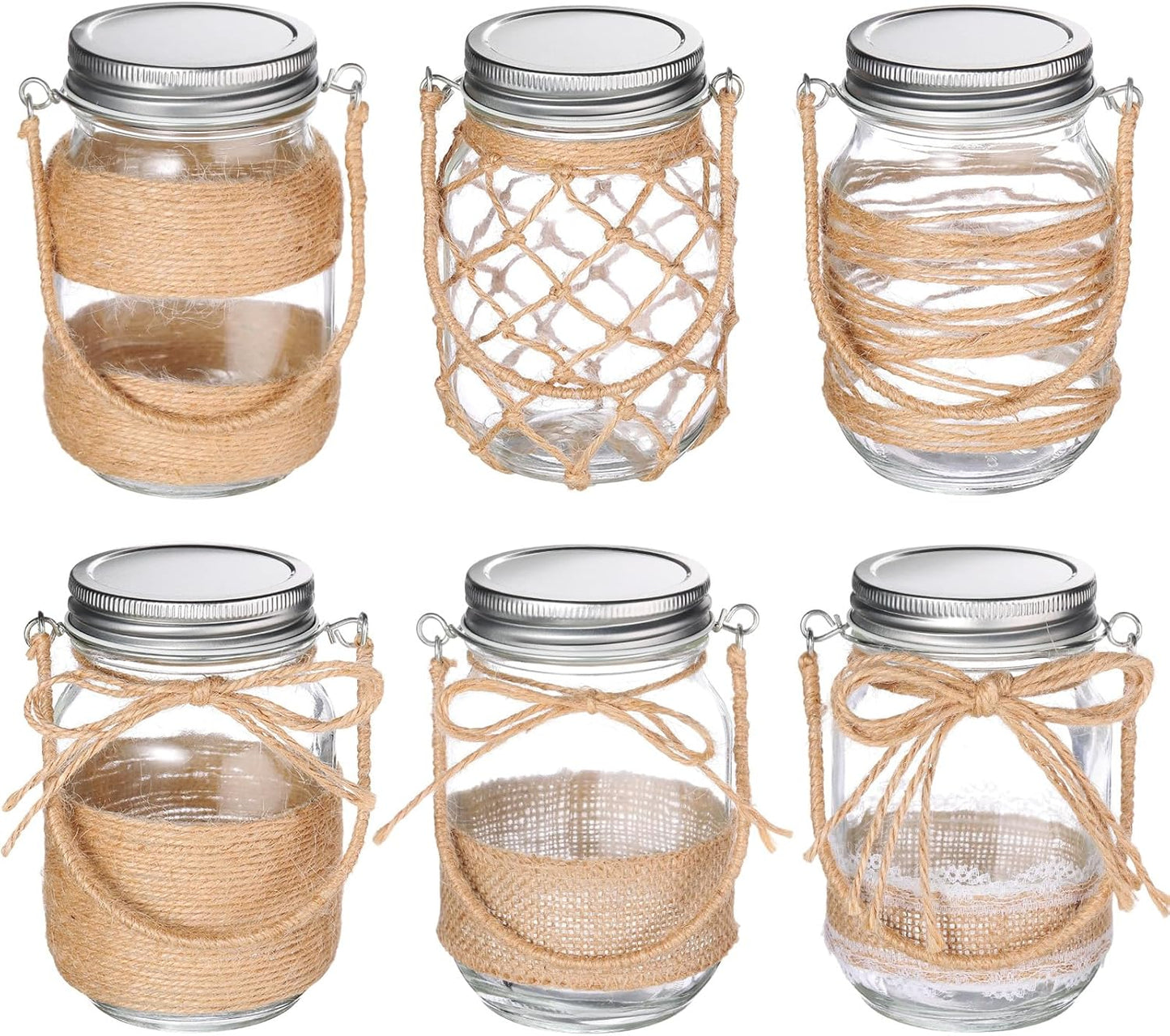 6 Pcs 5 Inch Small Hanging Mason Jars with Handles and Lids Decorative Glass Bottles Rope Net Glass Vase for Home Table Centerpiece Farmhouse Wedding Party decoration-VerdiqueGarden