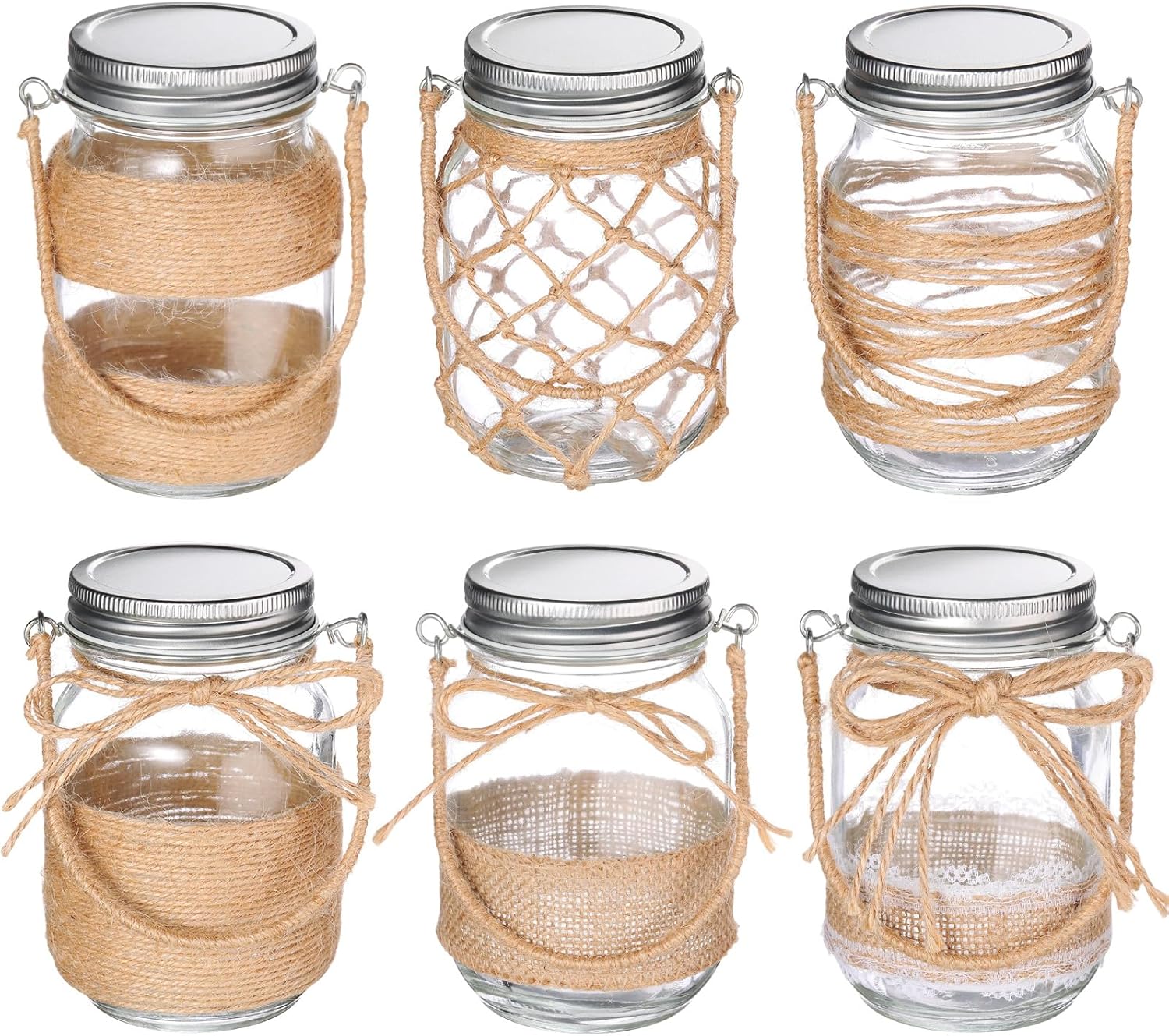 6 Pcs 5 Inch Small Hanging Mason Jars with Handles and Lids Decorative Glass Bottles Rope Net Glass Vase for Home Table Centerpiece Farmhouse Wedding Party decoration-VerdiqueGarden