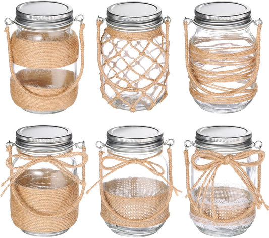 6 Pcs 5 Inch Small Hanging Mason Jars with Handles and Lids Decorative Glass Bottles Rope Net Glass Vase for Home Table Centerpiece Farmhouse Wedding Party decoration-VerdiqueGarden