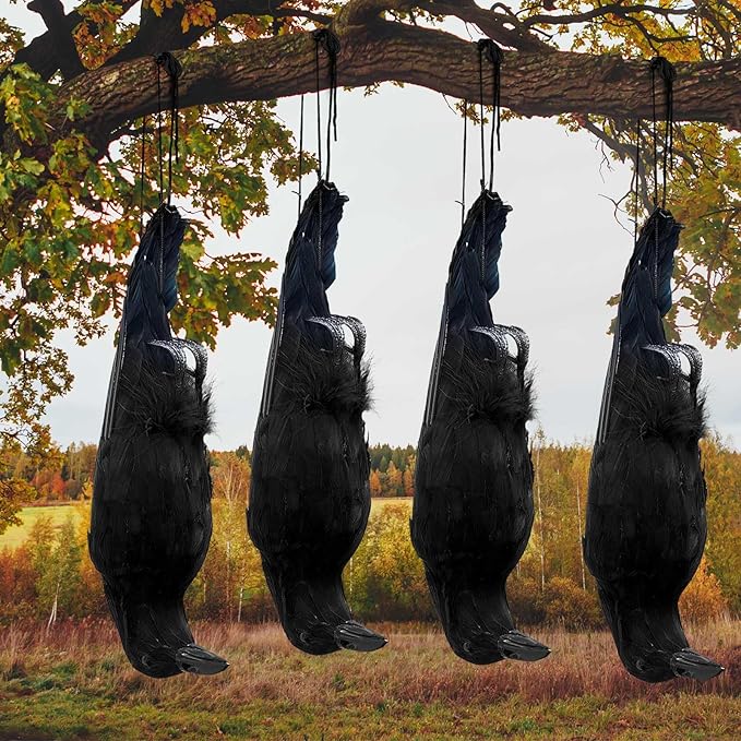Lewtemi 4 Pcs 17 Inch Realistic Hanging Dead Crows Decoy Life Size Black Feathered Crow Fake Black Crows for Garden Decorations-VerdiqueGarden
