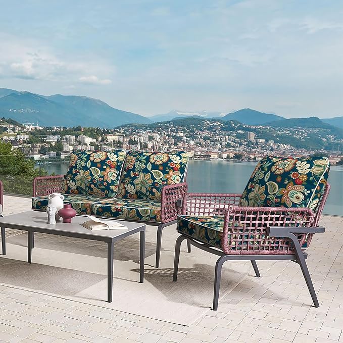 LVTXIII Outdoor/Indoor Deep Seat Cushion Patio Seat and Back Cushion Set All-Weather Replacement Chair Cushion for Wicker Chairs and Garden Furniture Decoration, 24"x24"x4", Peacock Blue-VerdiqueGarden