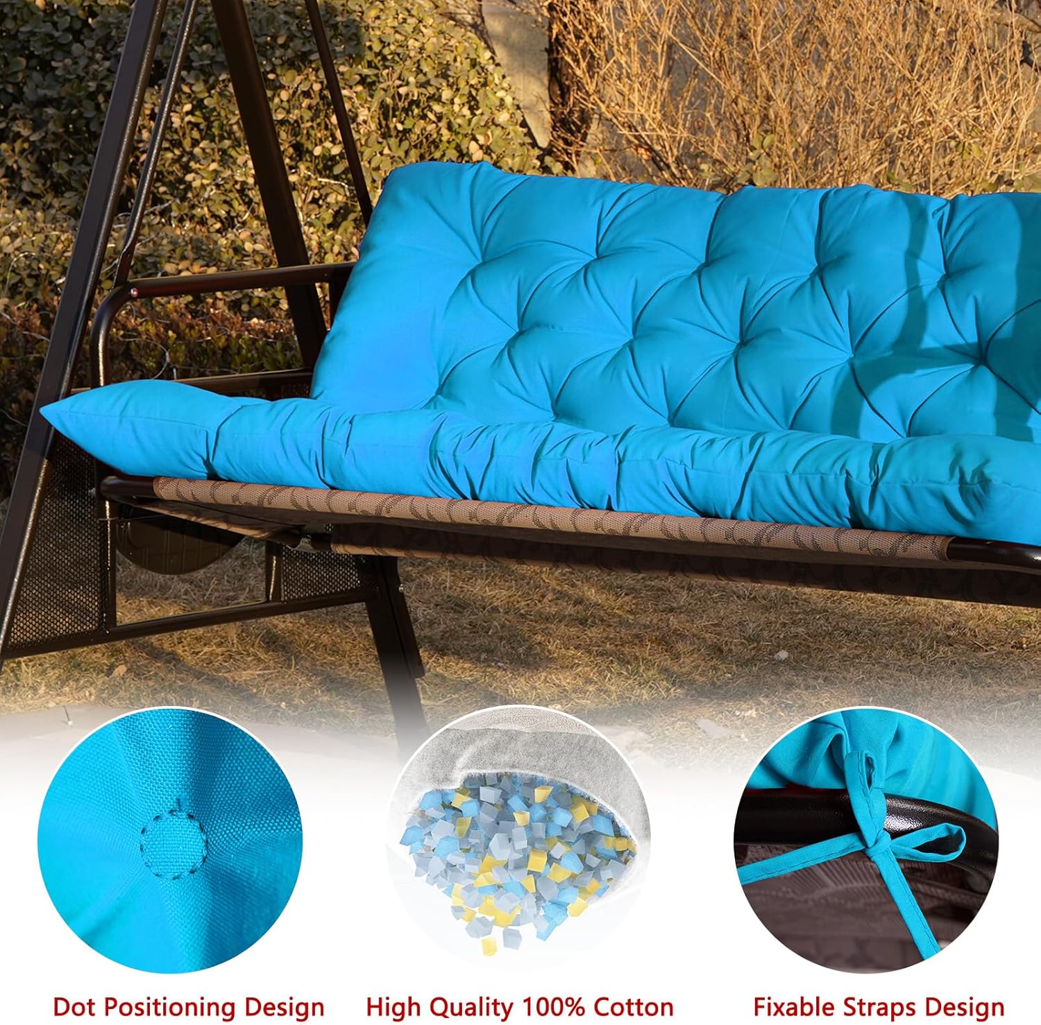 Porch Swing Cushions,Outdoor Cushions 3 Seater Replacement with Backrest, Waterproof Thickened Bench Cushion with Ties for Porch, Patio,Outdoor, Backyard and Garden (Sky Blue 60 * 40 in)-VerdiqueGarden