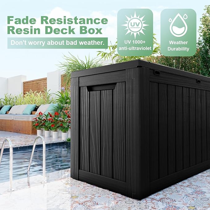 DRATO 80 Gallon Large Deck Box, Outdoor Storage Box for Patio Furniture, Patio Cushions, Gardening Tools, Pool Supplies 480lbs Weight Capacity,Waterproof Resin Storage Boxes-VerdiqueGarden