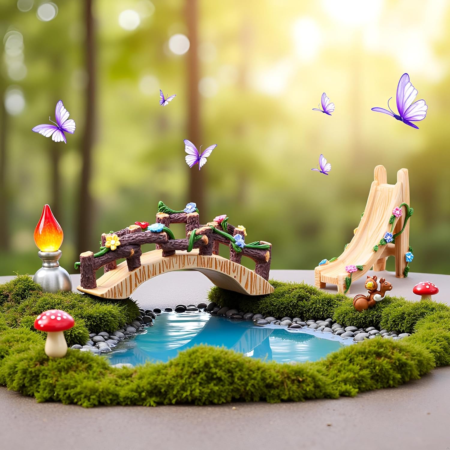 Kai Dream Miniature Fairy Garden Accessories Set, 2 Piece Resin Decorative Landscape Kit with Bridge and Slide, Floral Garden Ornaments-VerdiqueGarden